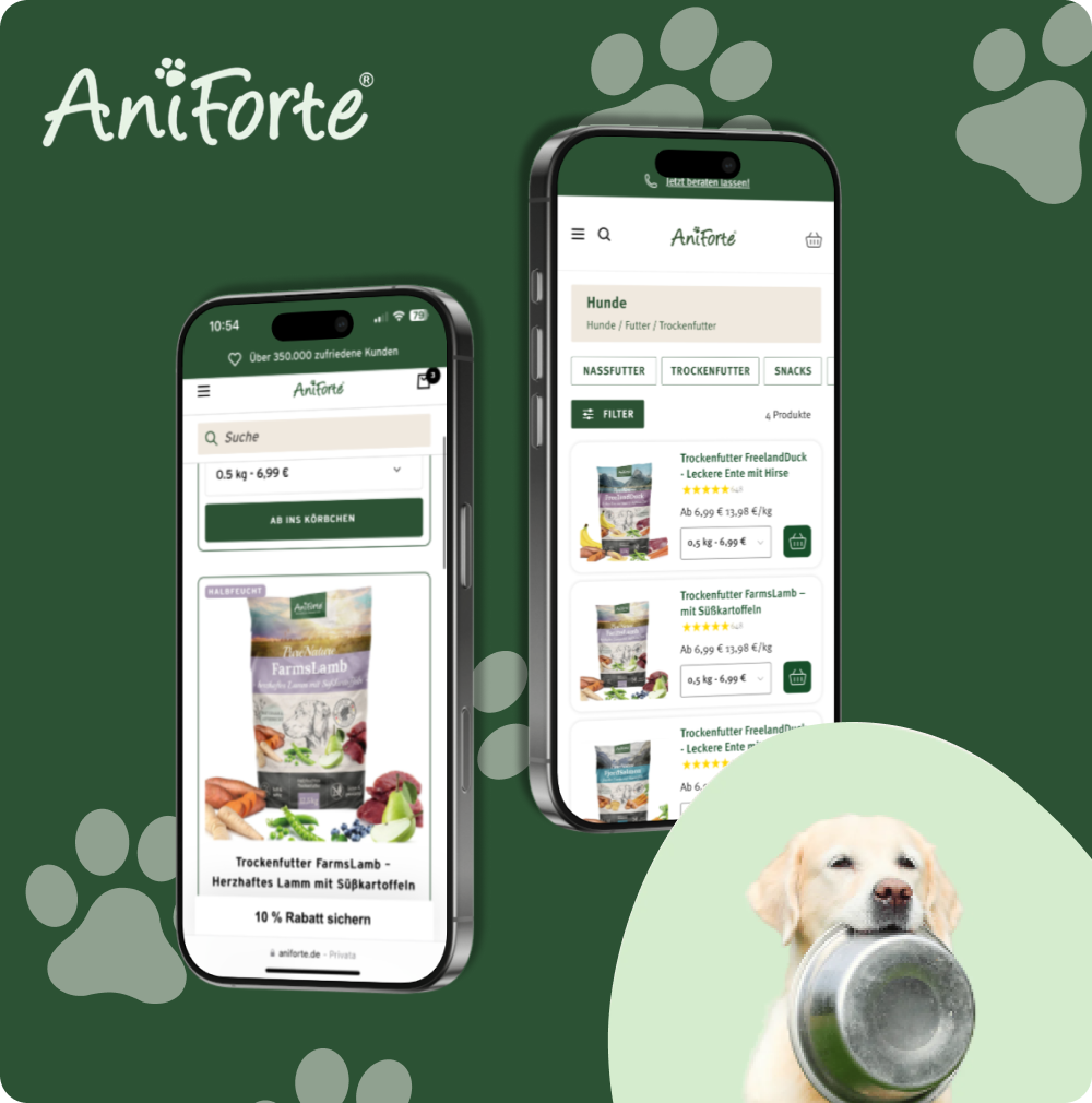 AniForte Shopify-Onlineshop im Rahmen der Conversion-Optimierung auf zwei Smartphone-Bildschirmen