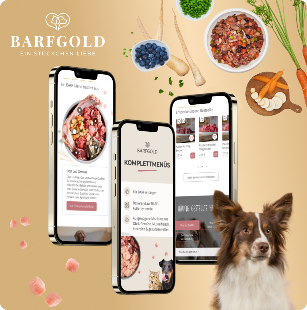 BARFGOLD Onlineshop auf drei Smartphones mit BARF-Produkten und Hund