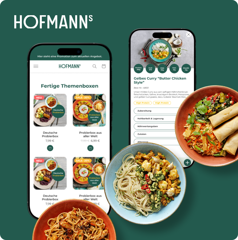 Mobile Ansicht des HOFMANNs Onlineshops mit Themenboxen und Fertiggerichten