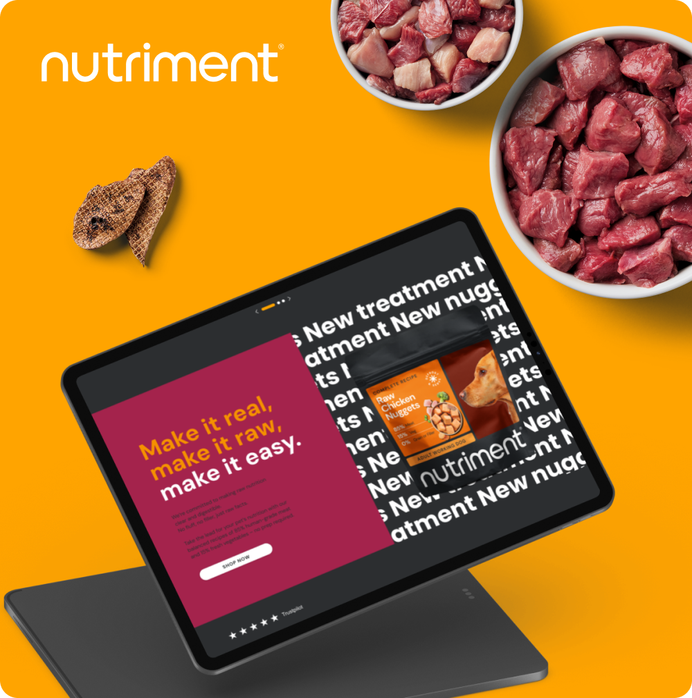 The Nutriment Company Shopify-Onlineshop nach der Migration von Magento auf einem Tablet