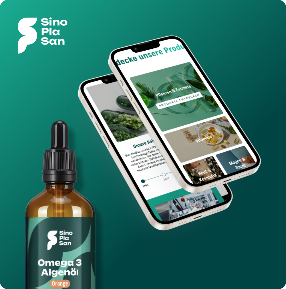 Sinoplasan Onlineshop auf zwei Smartphones neben einem Omega-3-Algenöl
