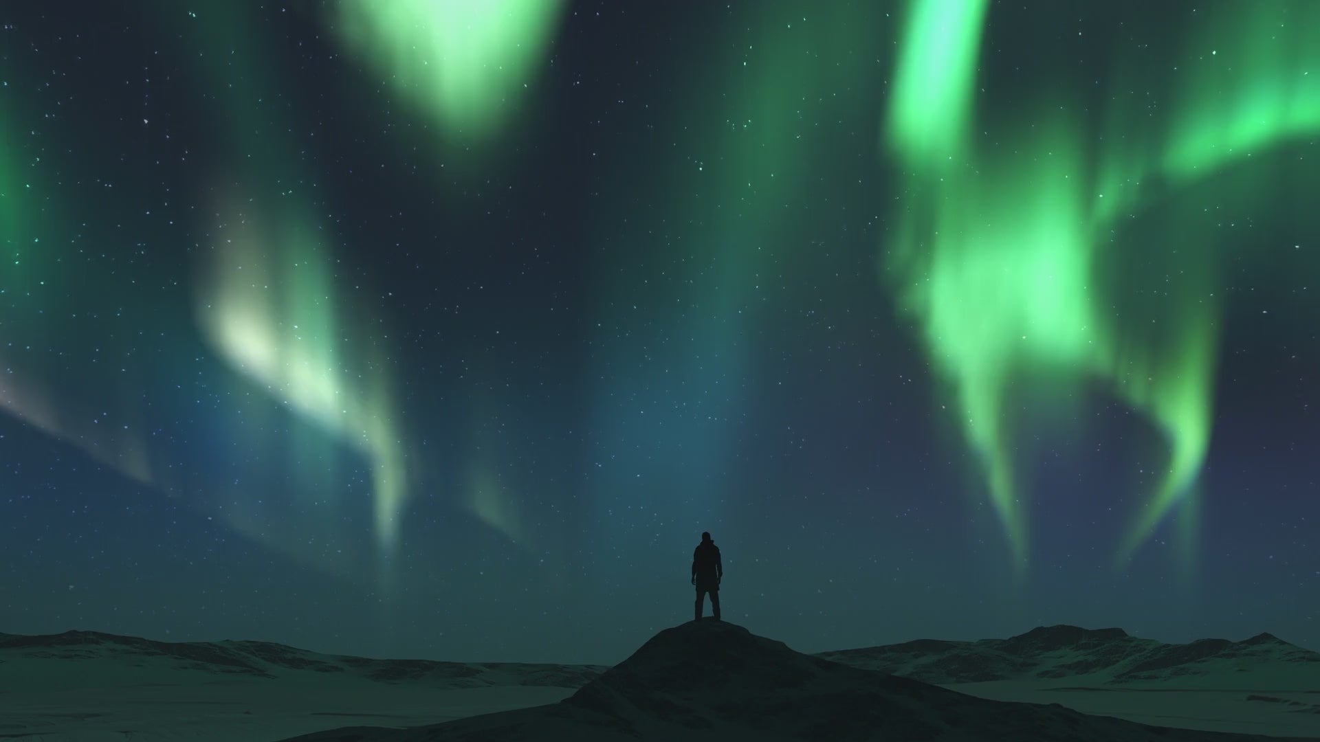 Video einer nächtlichen Landschaft unter Polarlichtern, die sich sanft am Sternenhimmel bewegen während ein Mann auf einem Hügel steht.